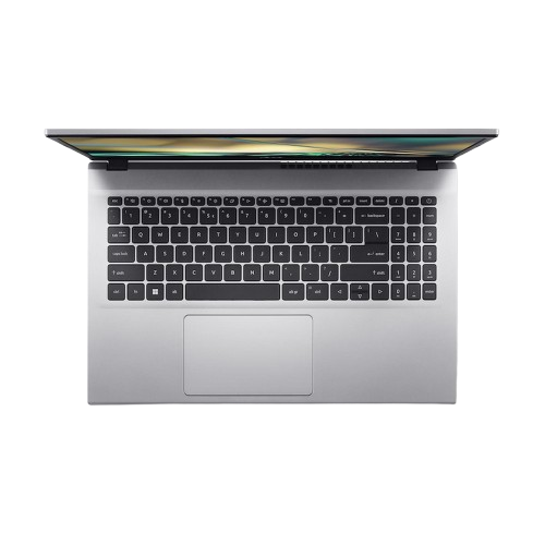 Ordenador portátil con cuerpo plateado, teclado negro, abierto desde atrás.