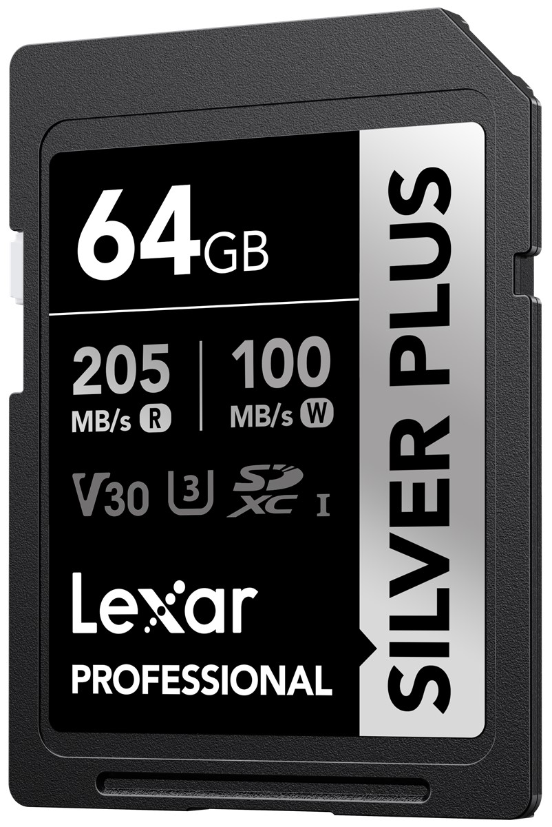 Beyaz metinli siyah SD kart: 64GB, 205MB/s, 100MB/s, Silver Plus.