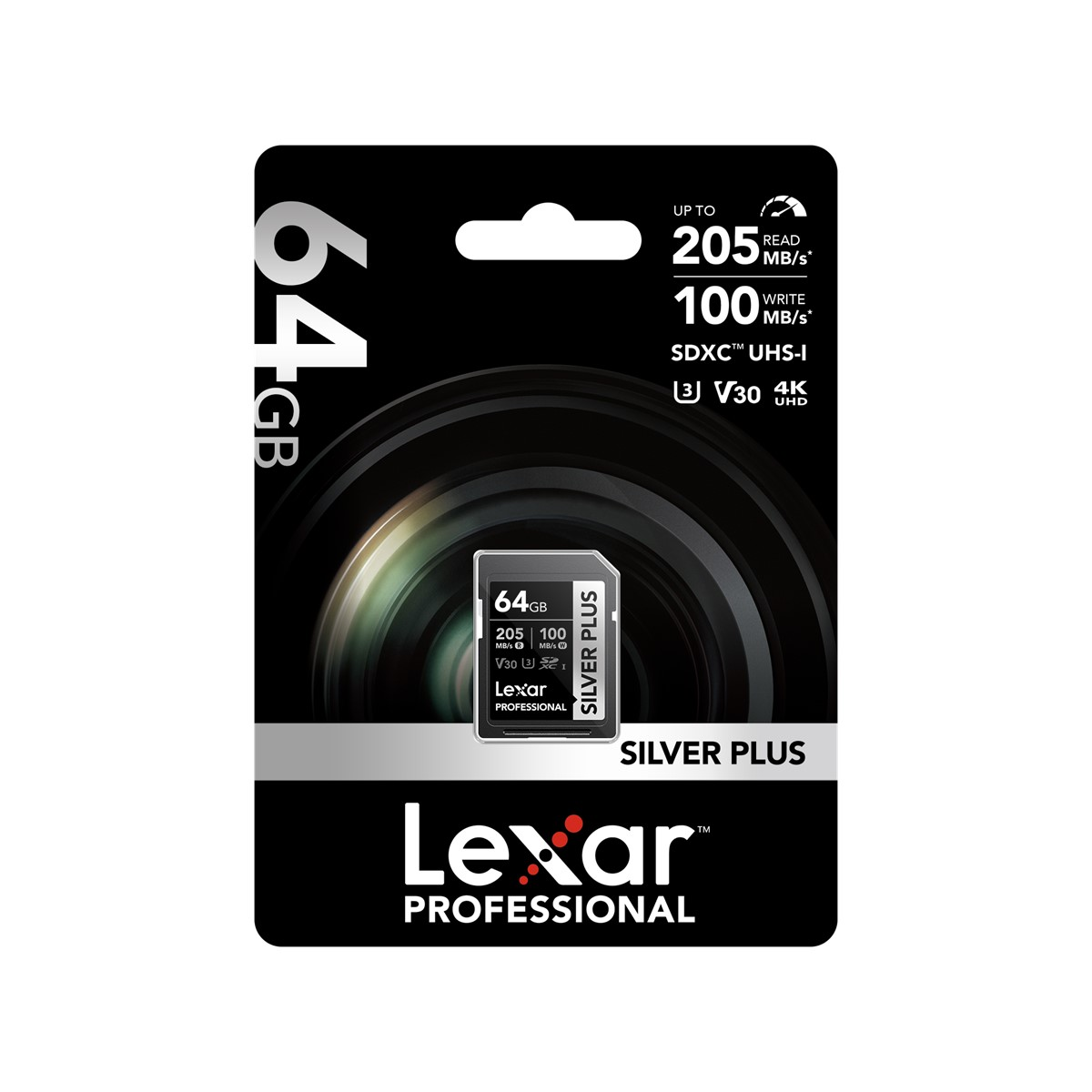 SD kart paketi. Paket, 64 GB kapasiteli kartı ve diğer özellikleri gösterir.
