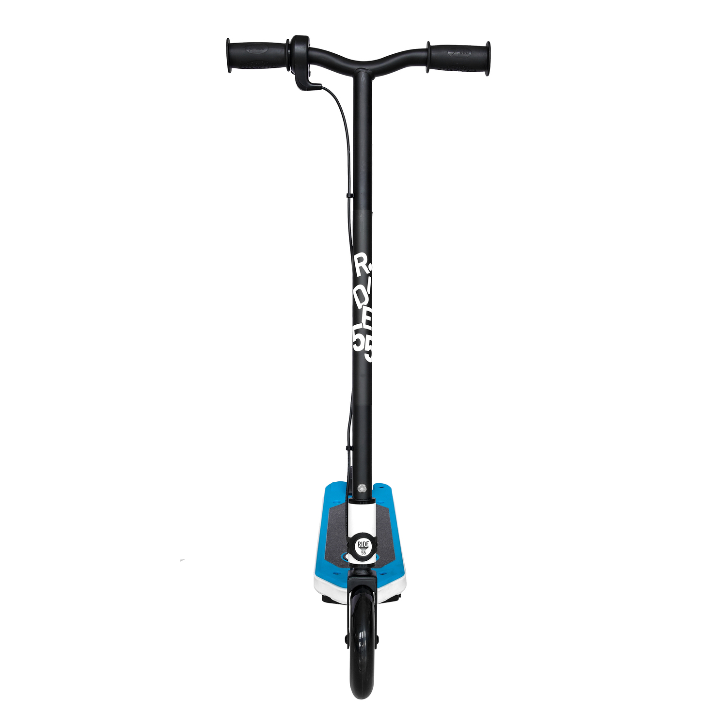 Blue Razor scooter, top view. Black handlebar, blue platform, black wheel. White background.