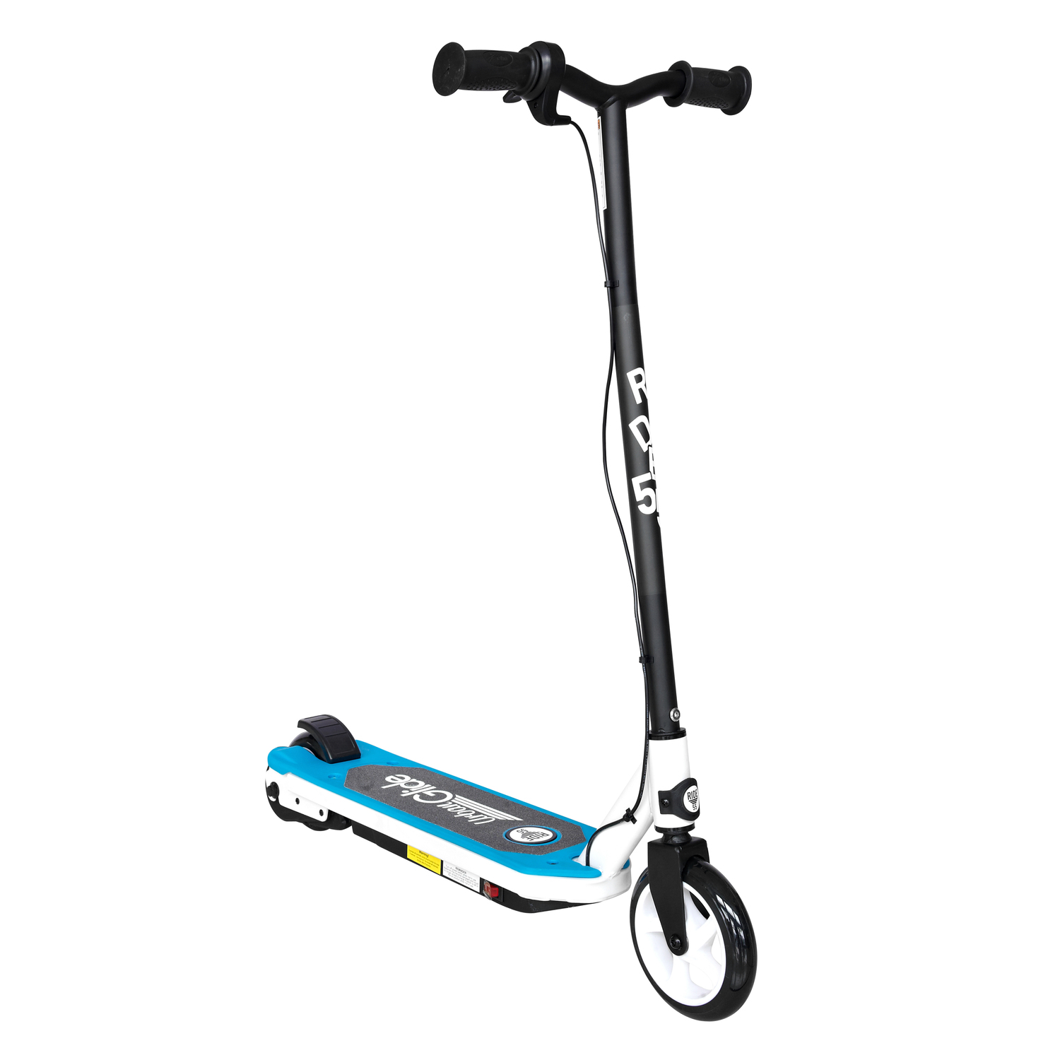 An electric scooter, white, black, and blue. It has a black handlebar, a blue deck, and a white frame. The background is white.