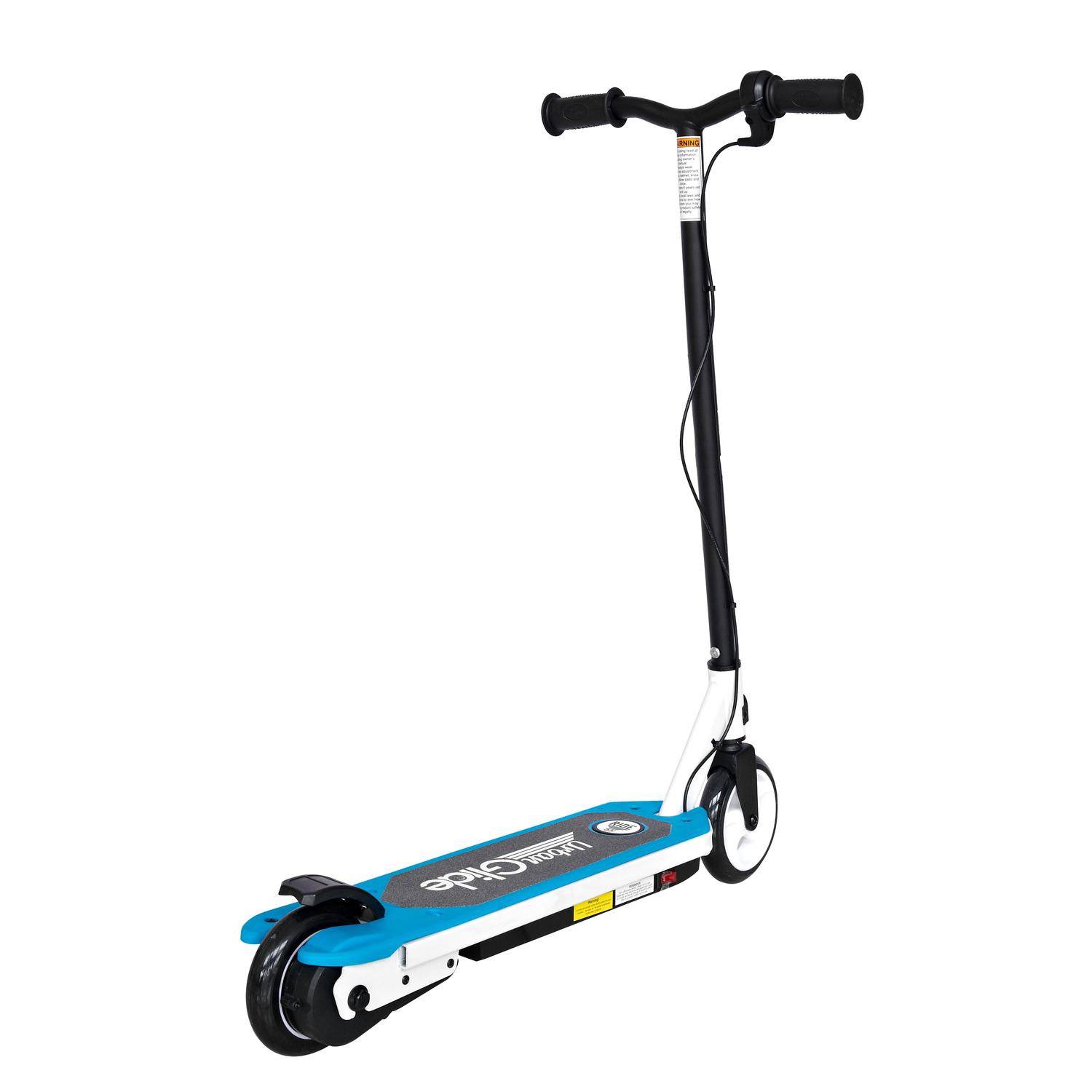 White and blue Urban Glide scooter, side view. Black handlebar, blue platform, black wheel. White background.