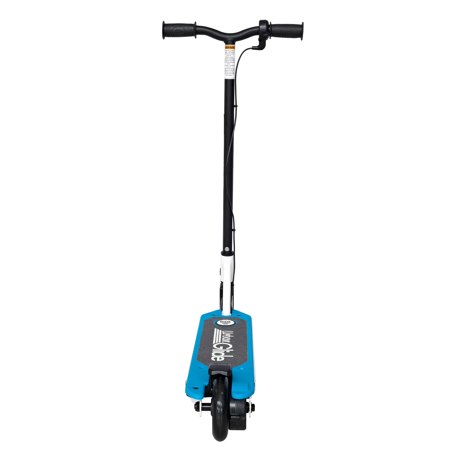 Blue and turquoise electric scooter with black handle and a white background.