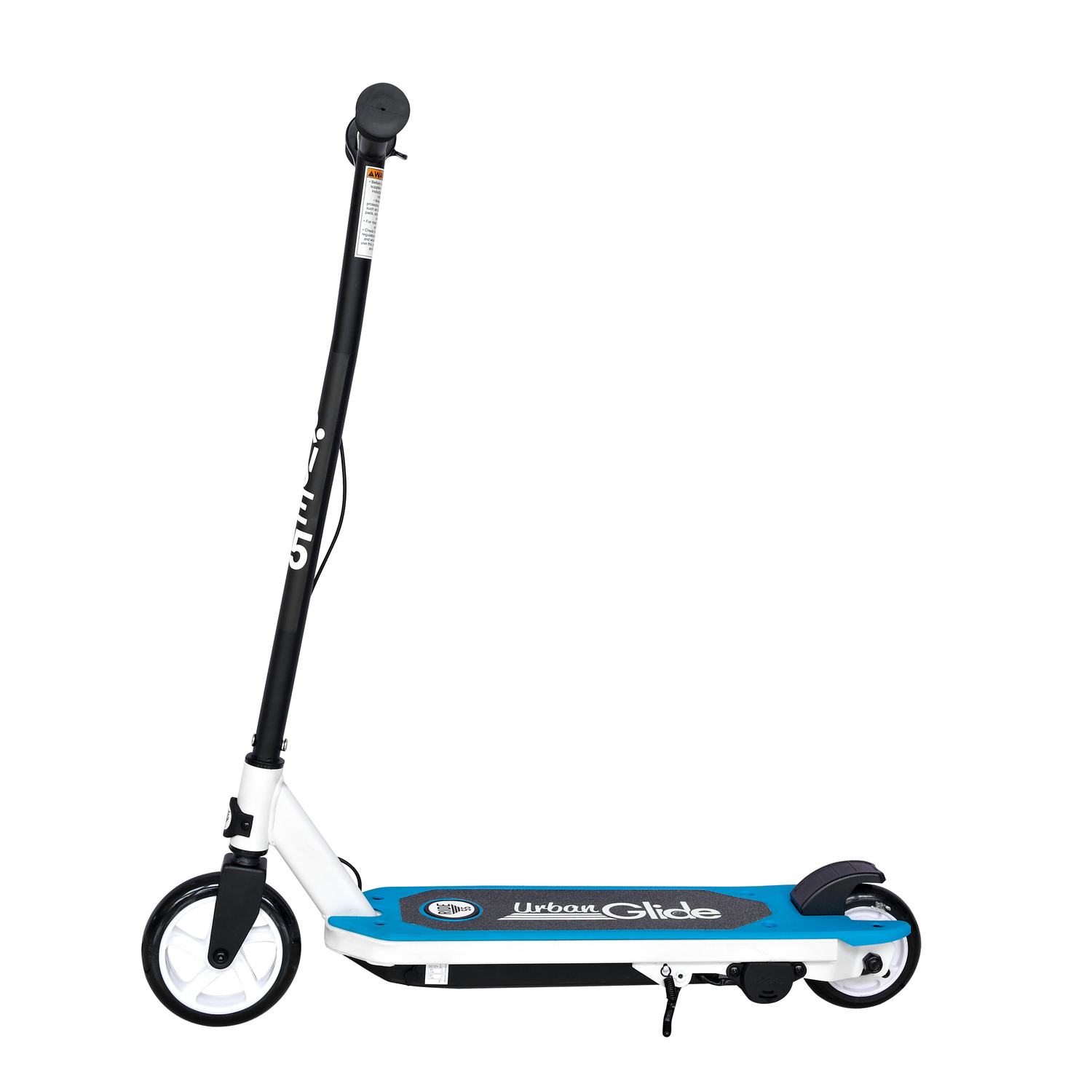 An Urban Glide electric scooter; white body, blue deck, black handlebar, and wheels.