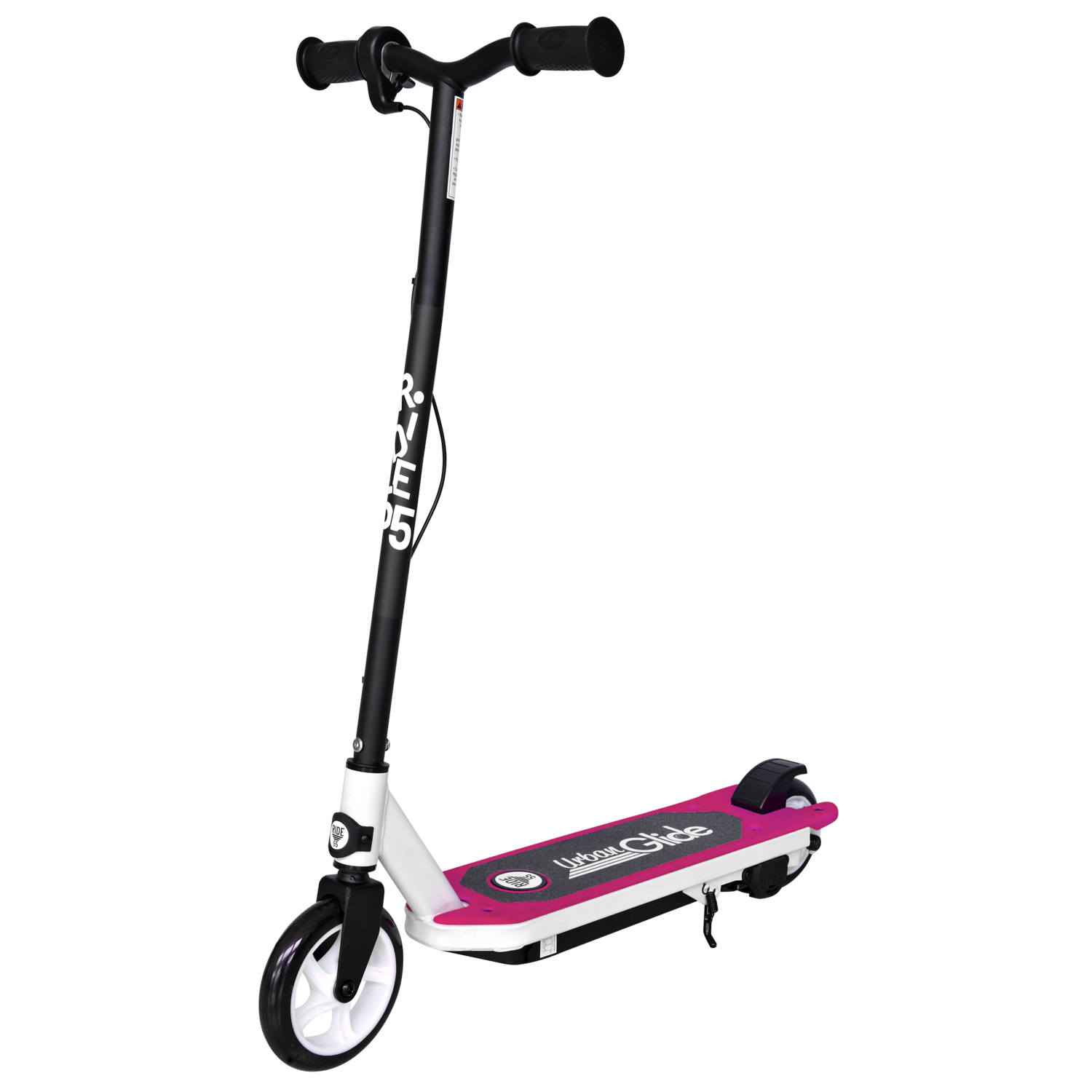 Une trottinette électrique avec un cadre blanc et rose, un guidon noir et une roue noire.