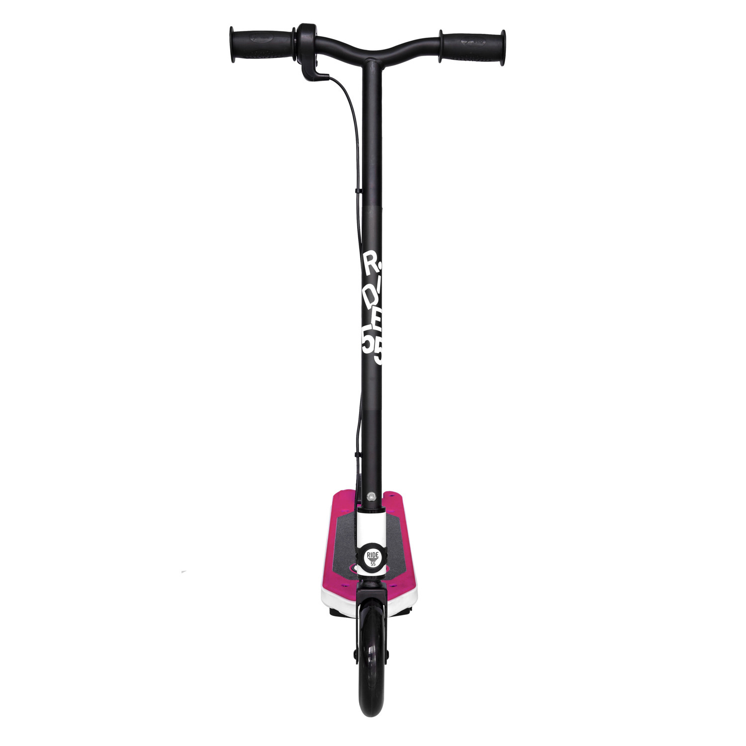 Trottinette Razor rose, vue de dessus. Guidon noir, plateforme rose, roue noire. Fond blanc.