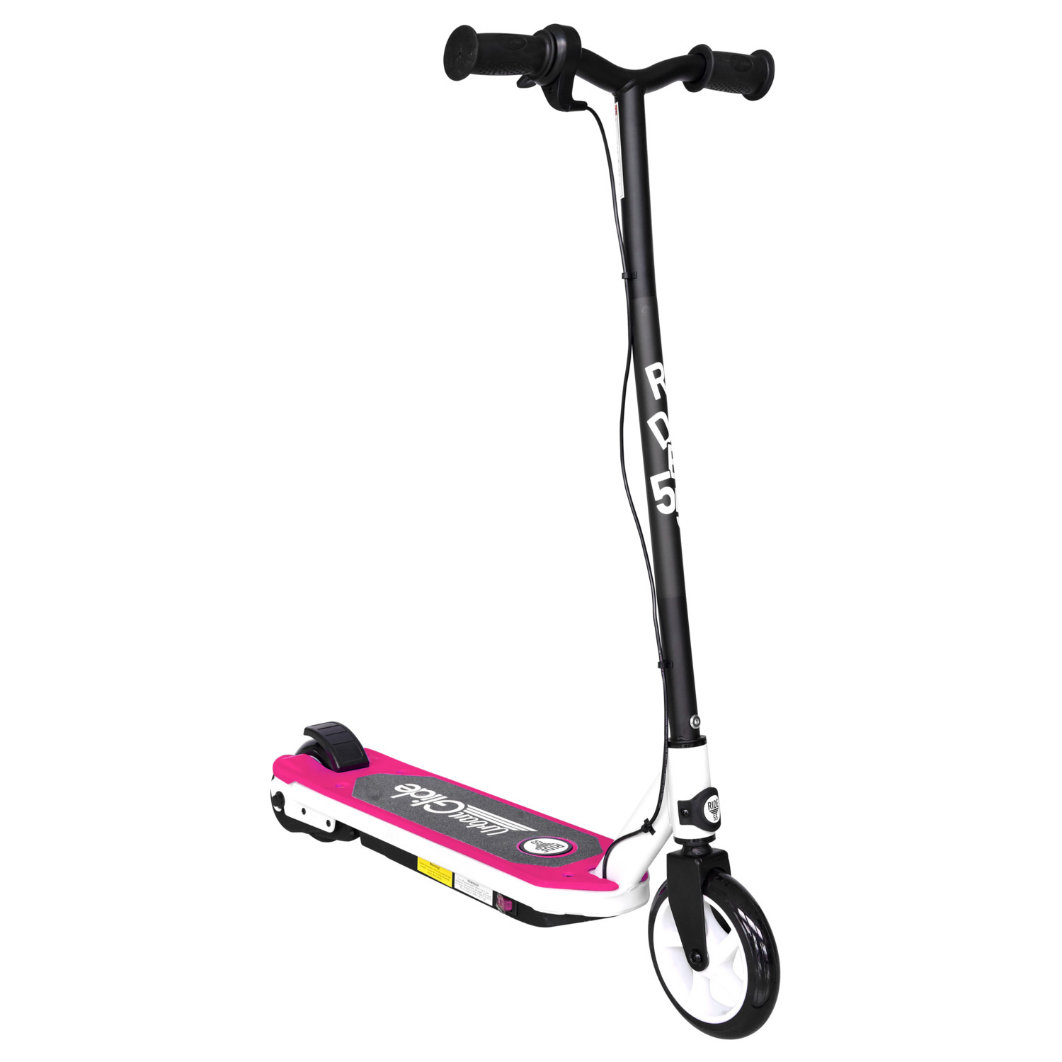 Une trottinette électrique rose vif et blanche avec un guidon noir est présentée.