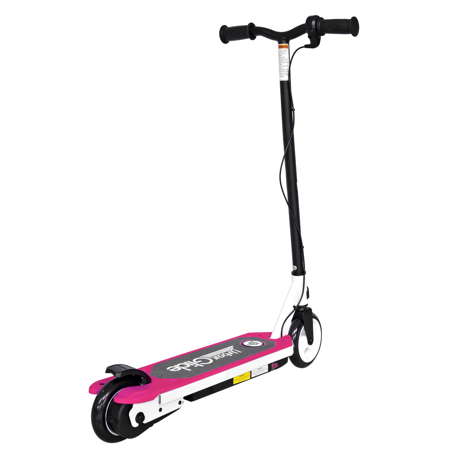 Trottinette Urban Glide blanche et rose, vue latérale. Guidon noir, plateforme rose, roue noire. Fond blanc.