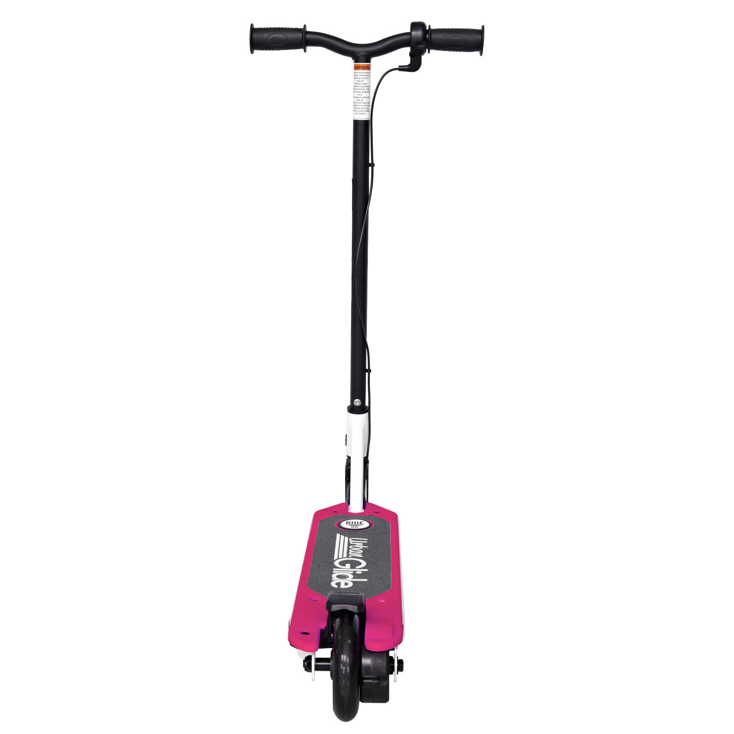 Trottinette Urban Glide rose, vue de dessus. Guidon noir, plateforme rose, roue noire. Fond blanc.