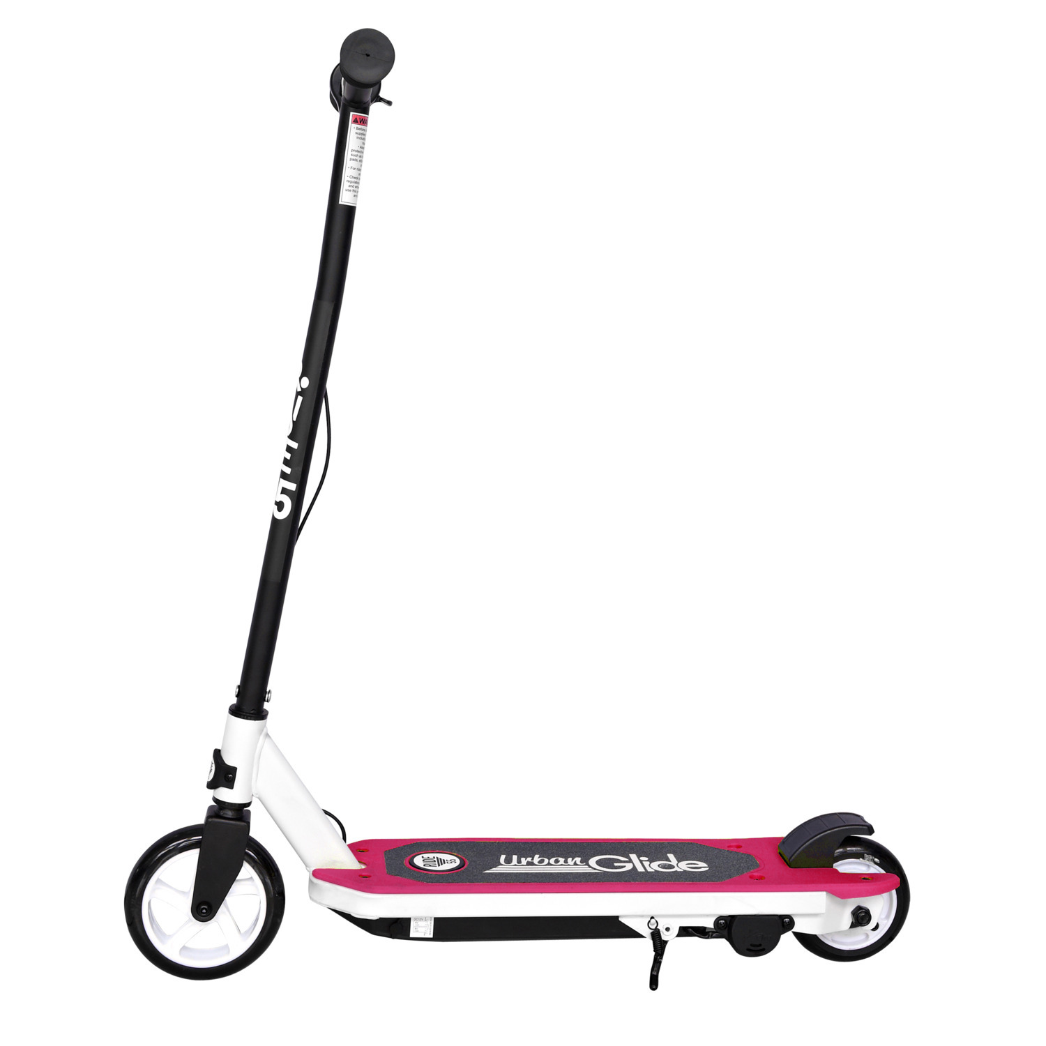 Trottinette électrique blanche et rose sur fond blanc. Guidon noir, plateau rose, deux roues.