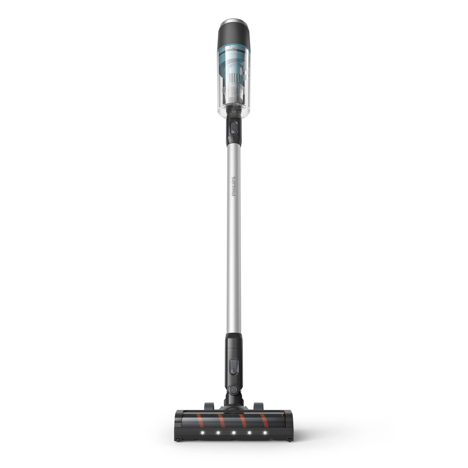 Philips vacuum cleaner, upright. Silver and black body. Brush head on the floor. White background.