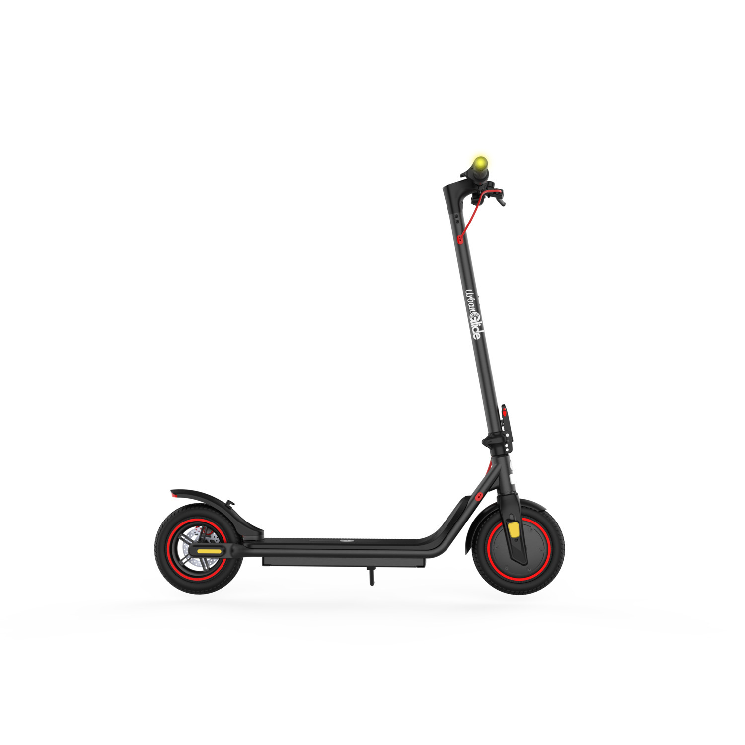 Zwarte UrbanGlide scooter met rode accenten en gele lichten, schuin op een witte achtergrond.