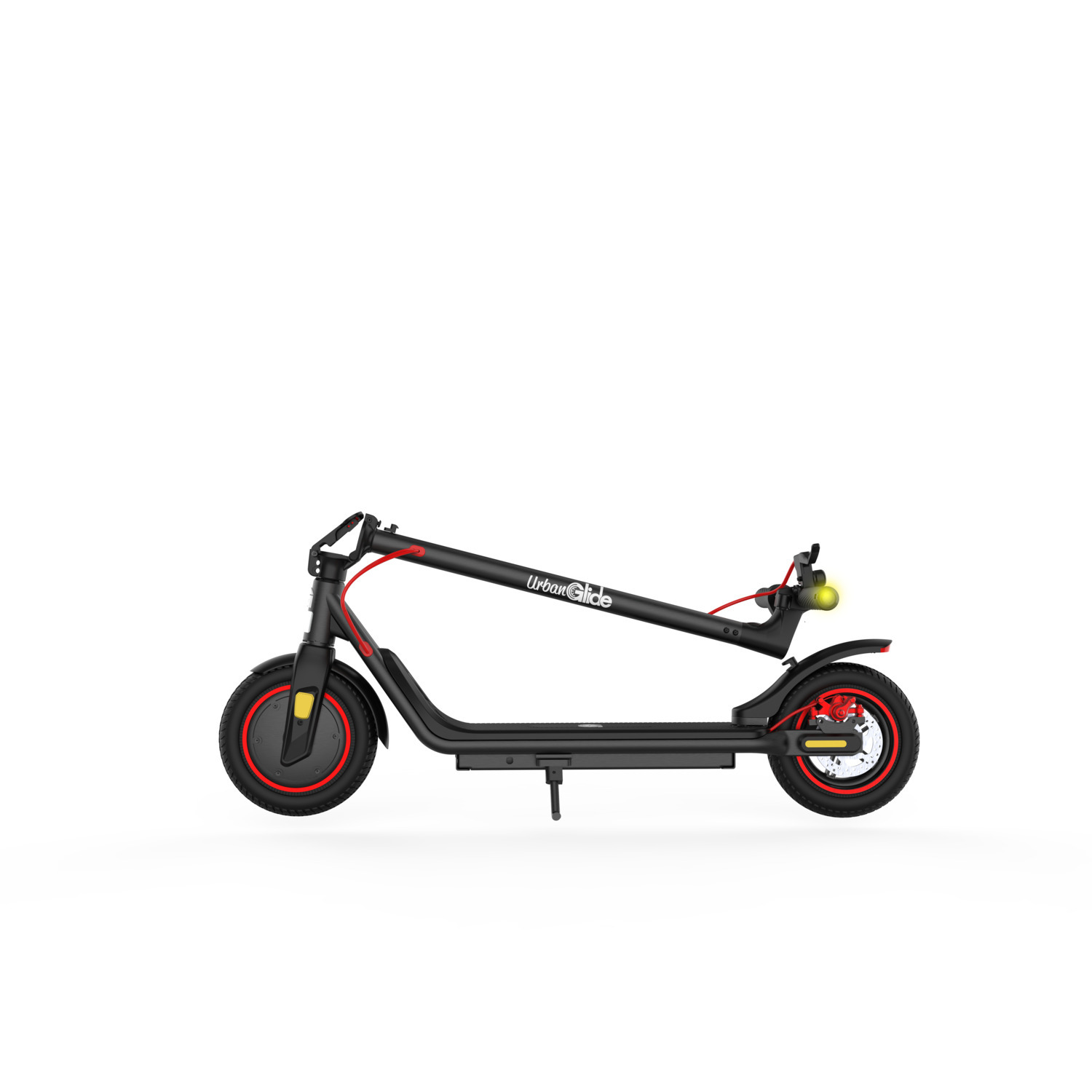Zwarte UrbanGlide scooter met rode accenten en gele lichten, schuin op witte achtergrond.