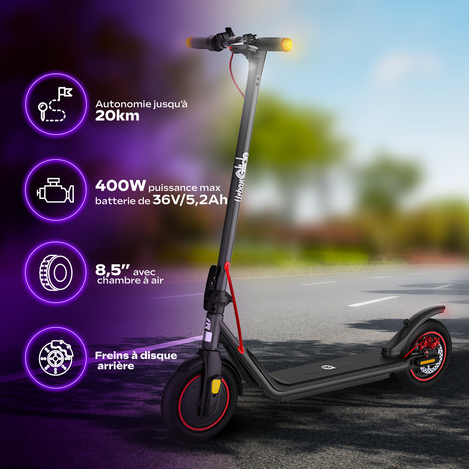 Trottinette UrbanGlide noire avec caractéristiques: autonomie, puissance, pneus et freins arrière.