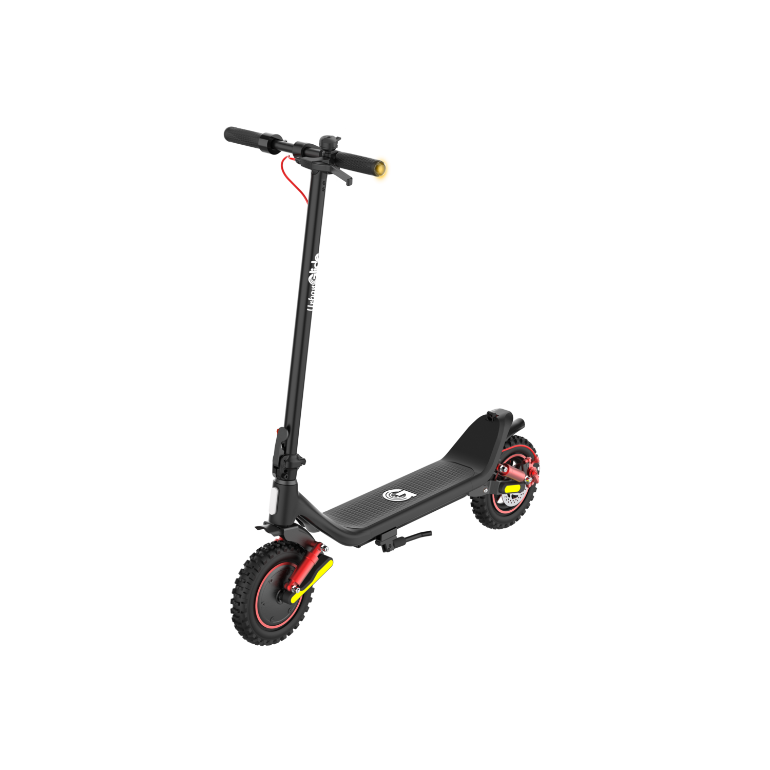 Zwarte elektrische scooter met rode wielen, gele accenten en een zwarte achtergrond.