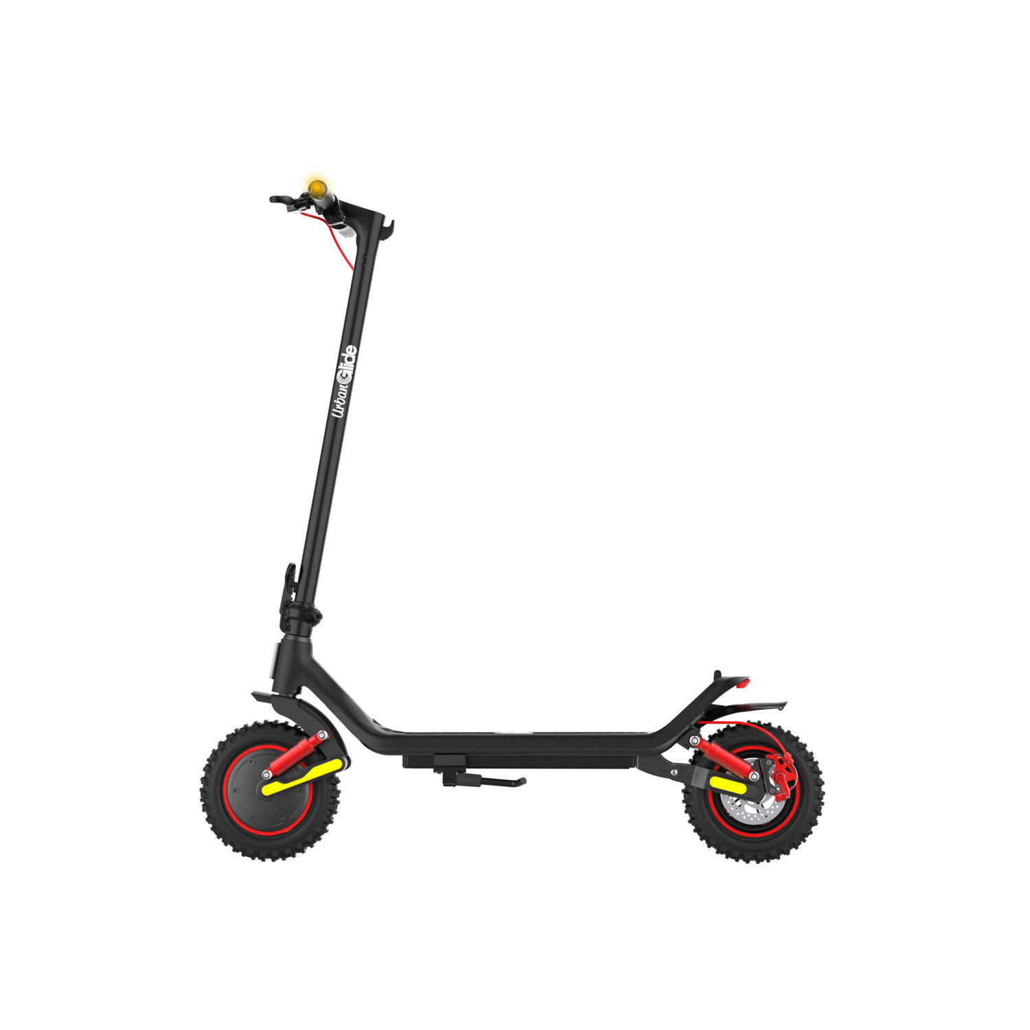 Zwarte UrbanGlide scooter met rode en gele accenten, schuine weergave op een witte achtergrond.