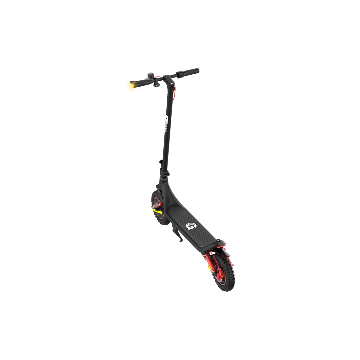 Zwarte UrbanGlide scooter met rode en gele accenten, schuin op een witte achtergrond.