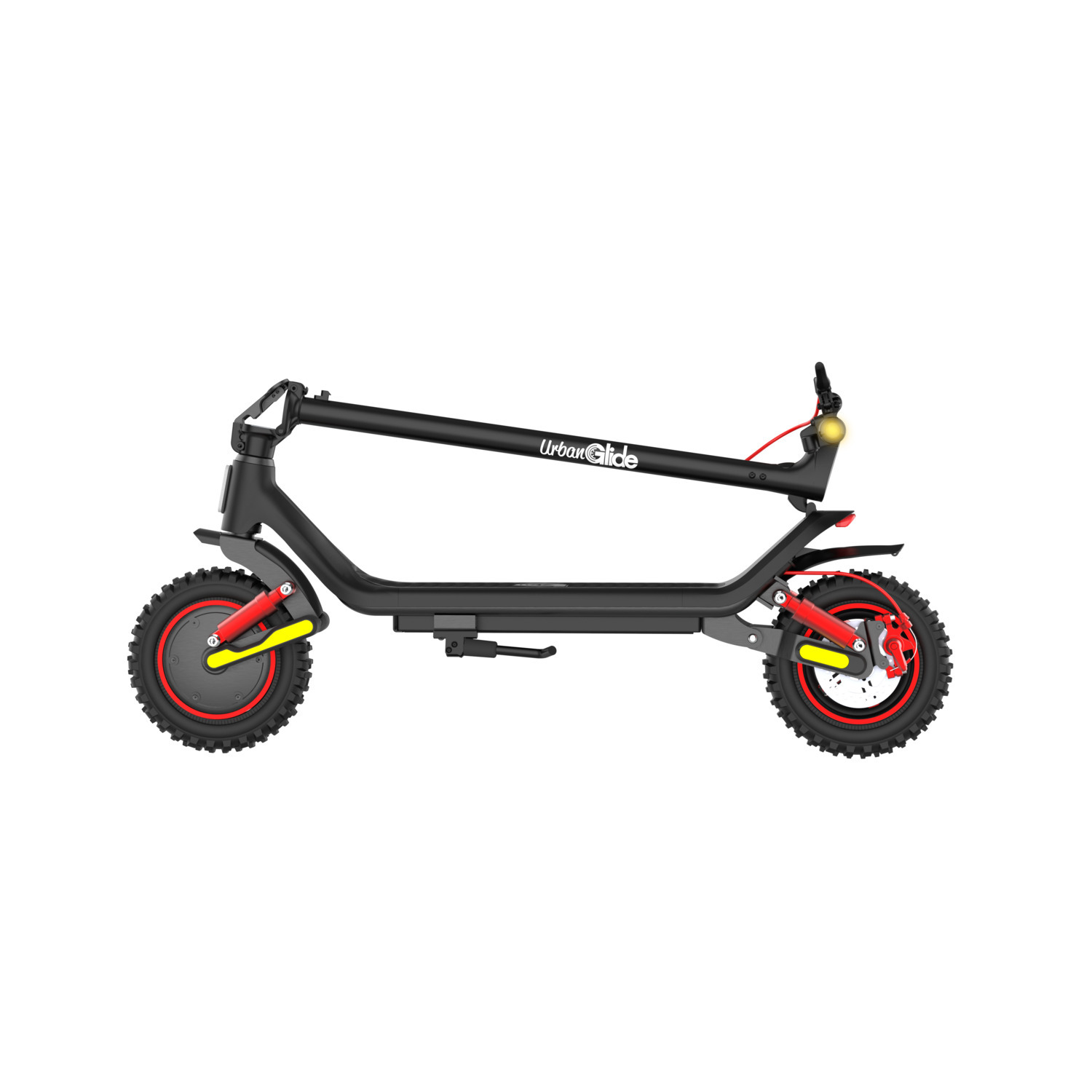 Zwarte UrbanGlide scooter met rode en gele accenten, schuin op witte achtergrond.