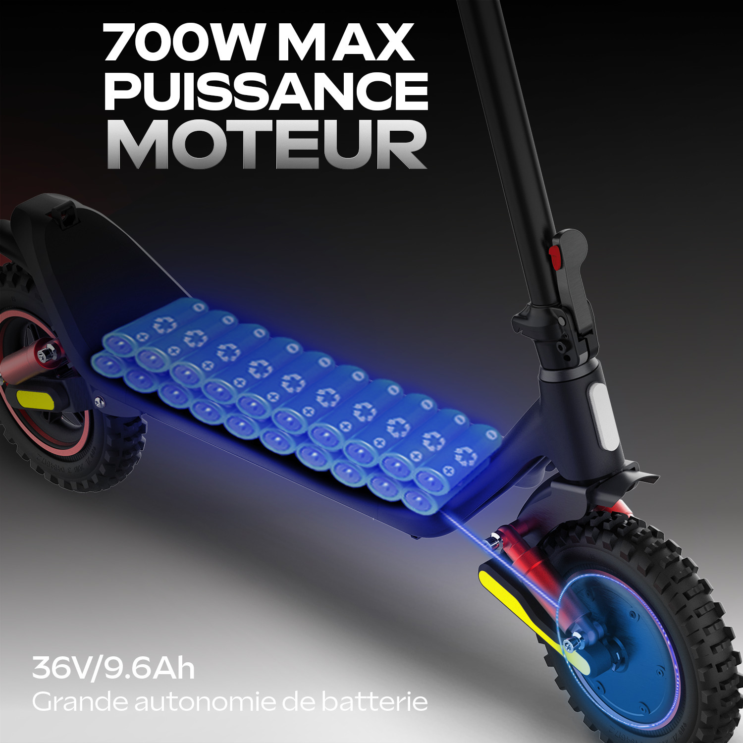 Gros plan sur la batterie et le moteur d'une trottinette, mettant en évidence les spécifications.