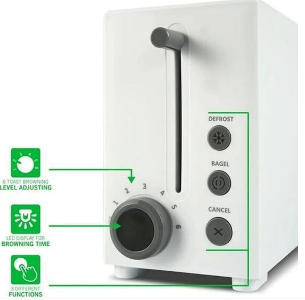 Weißer Toaster mit Knöpfen und Drehregler. Inklusive 3 Funktionen, 6 Bräunungsstufen.