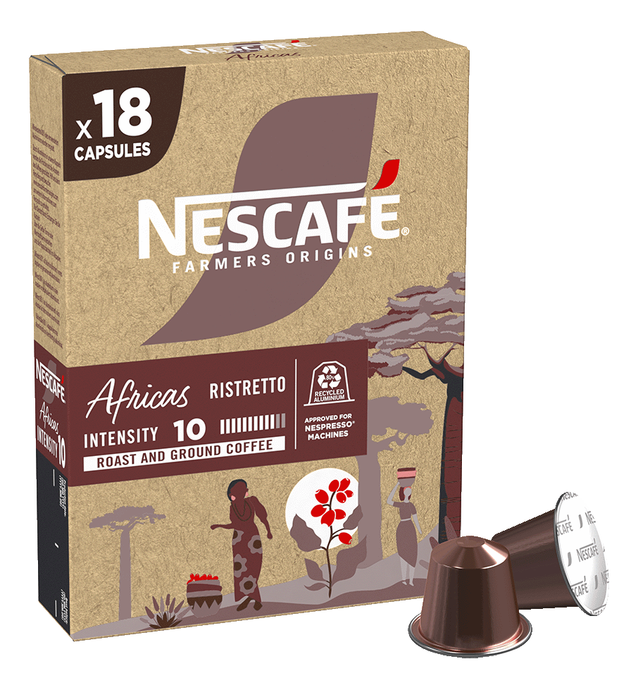 Nescafe-Kaffeepackung mit 18 Kapseln, African Ristretto und einem Bild einer Frau.