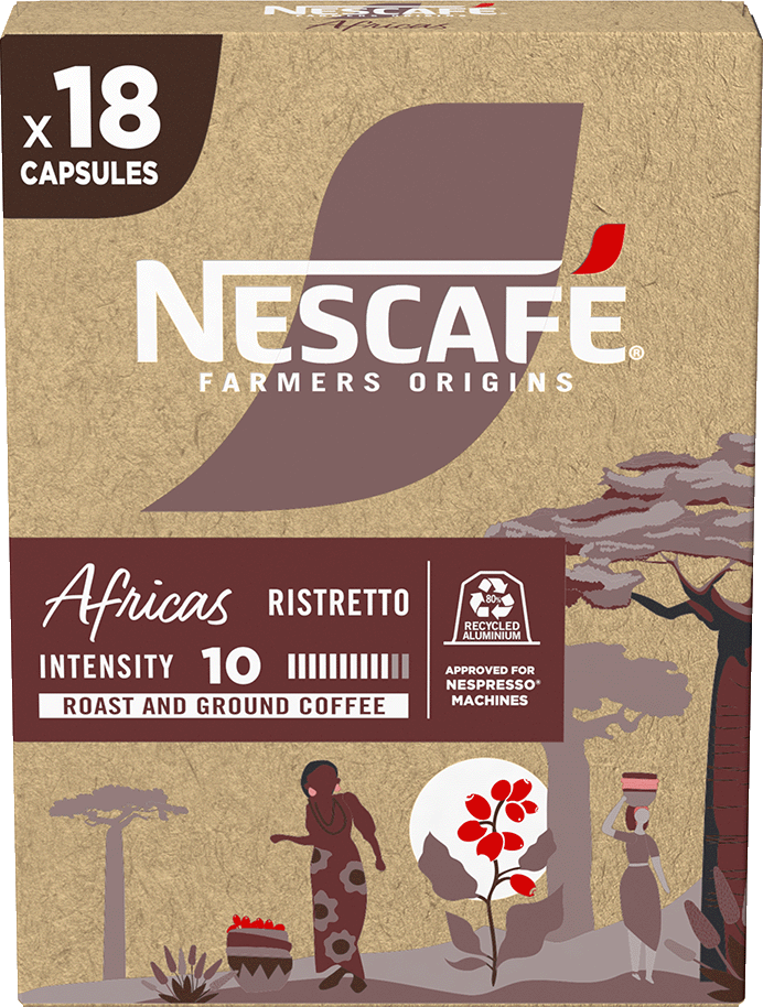 Nescafe-Kaffeebox mit 18 Kapseln, afrikanischen Ursprungs, Intensität 10, recyceltes Aluminium.