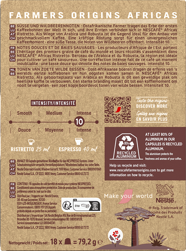 Kaffeeproduktverpackung mit Text, Logo und Recycling-Symbol.