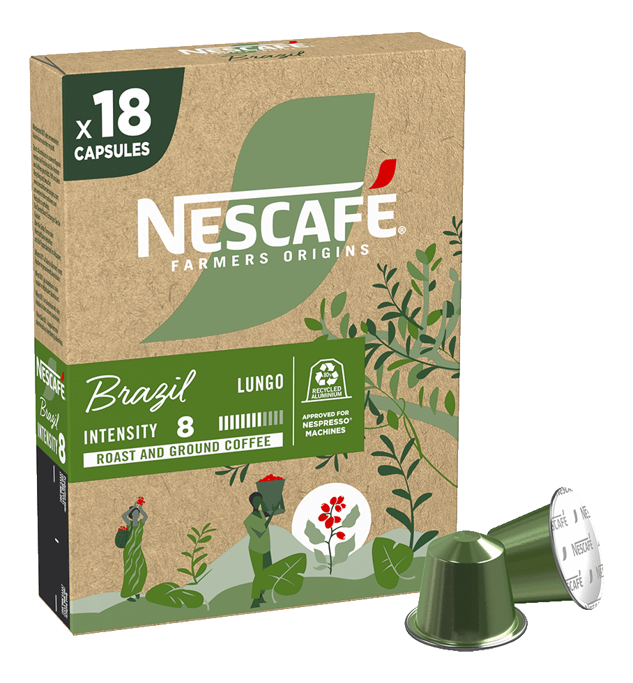 Boîte de capsules de café Nescafe Brazil Lungo, avec des capsules de café et un design de feuilles vertes.