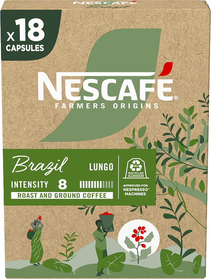 Boîte de café avec 'NESCAFE' et 'Brésil', avec illustrations.