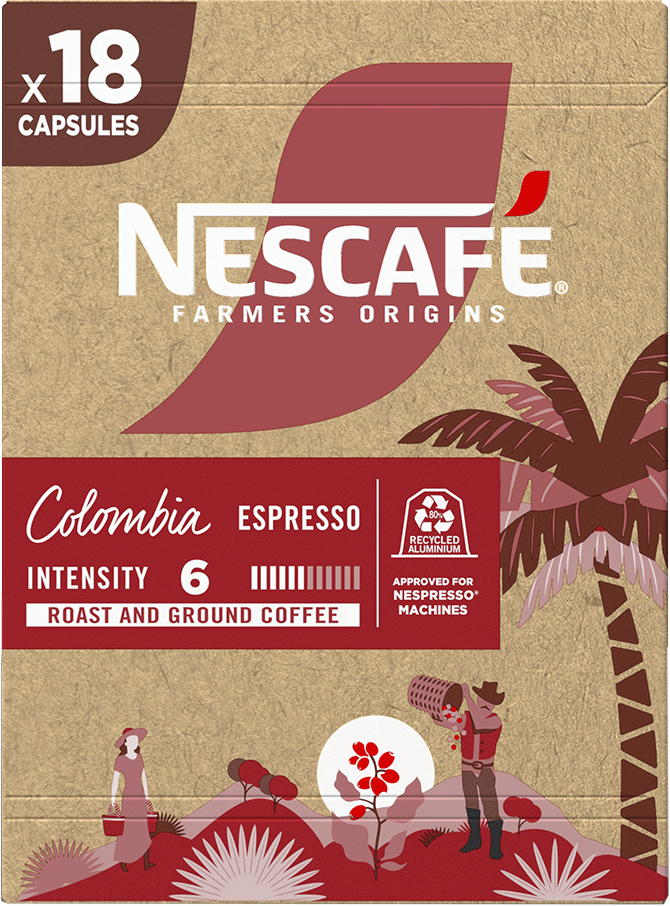 Kaffeepackung mit Text und Illustrationen.