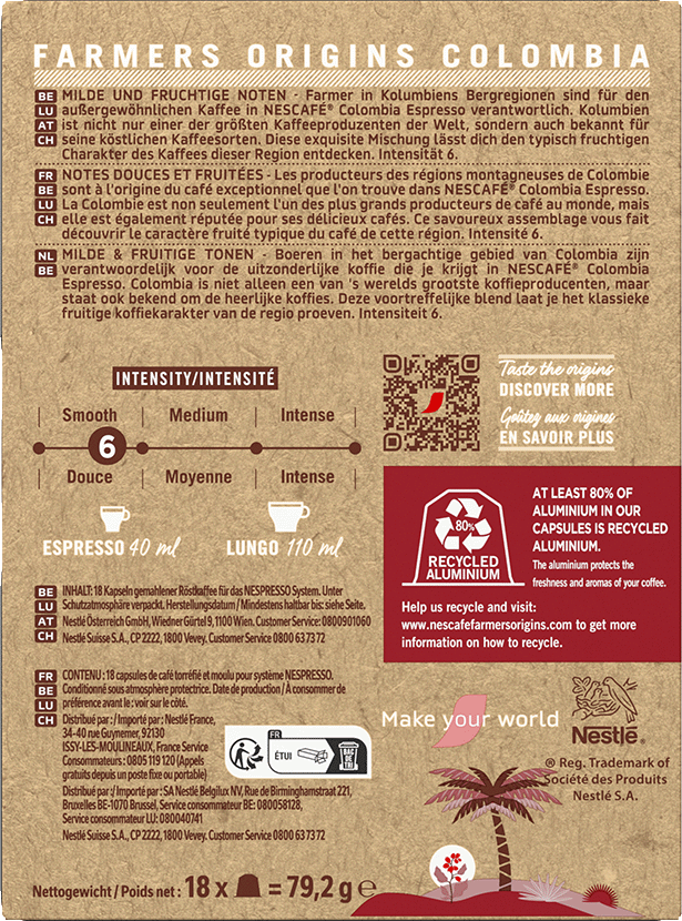 Eine Kaffeekapselbox mit Text und einer Palmenillustration.