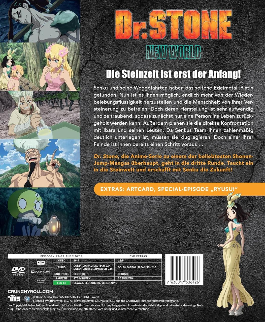 Dr. Stone New World DVD-Cover mit Anime-Charakteren und Text auf Deutsch.