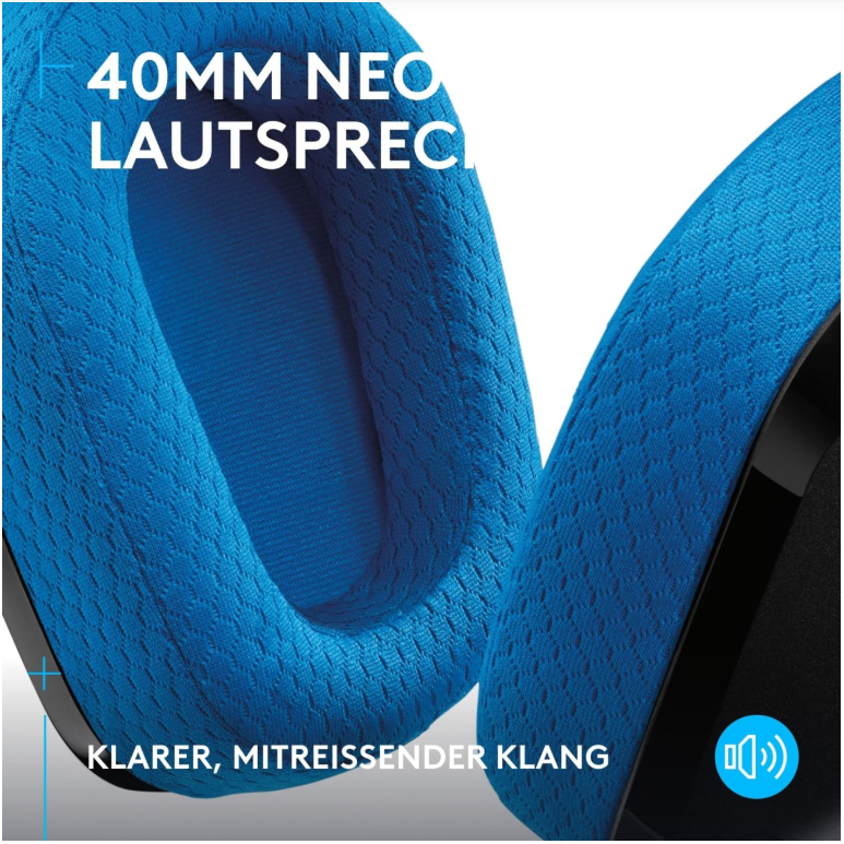 Nahaufnahme eines blau-schwarzen Headsets mit Text: '40MM NEO LAUTSPRECHER' und 'KLARER, MITREISSENDER KLANG'.