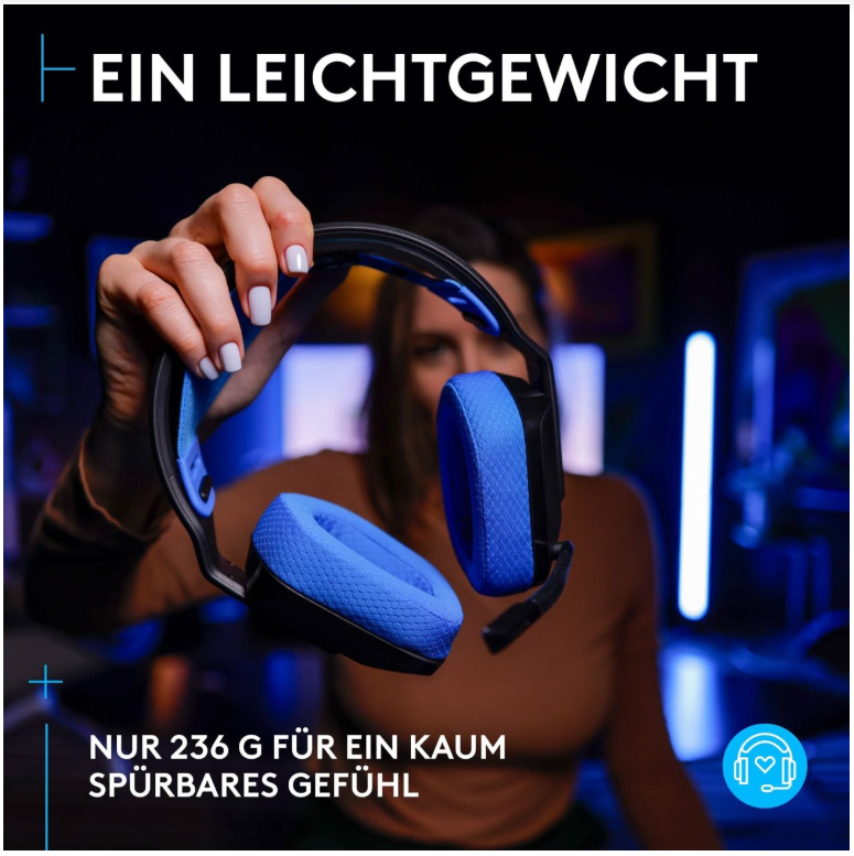 Eine Person hält ein blau-schwarzes Headset. Text: 'EIN LEICHTGEWICHT' und 'NUR 236 G FÜR EIN KAUM SPÜRBARES GEFÜHL'.