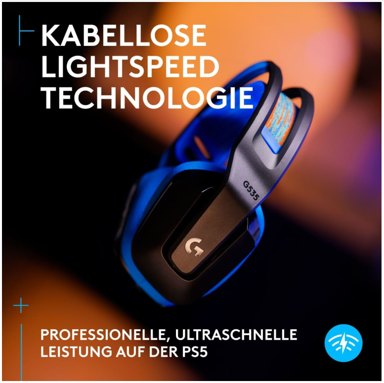 Blau-schwarzes Headset mit Text: 'KABELLOSE LIGHTSPEED TECHNOLOGIE' und 'PROFESSIONELLE, ULTRASCHNELLE LEISTUNG'.