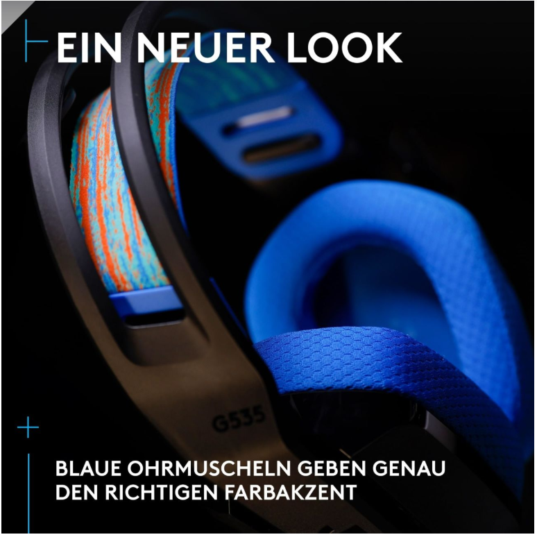 Nahaufnahme von blauen Ohrmuscheln eines G535 Headsets.