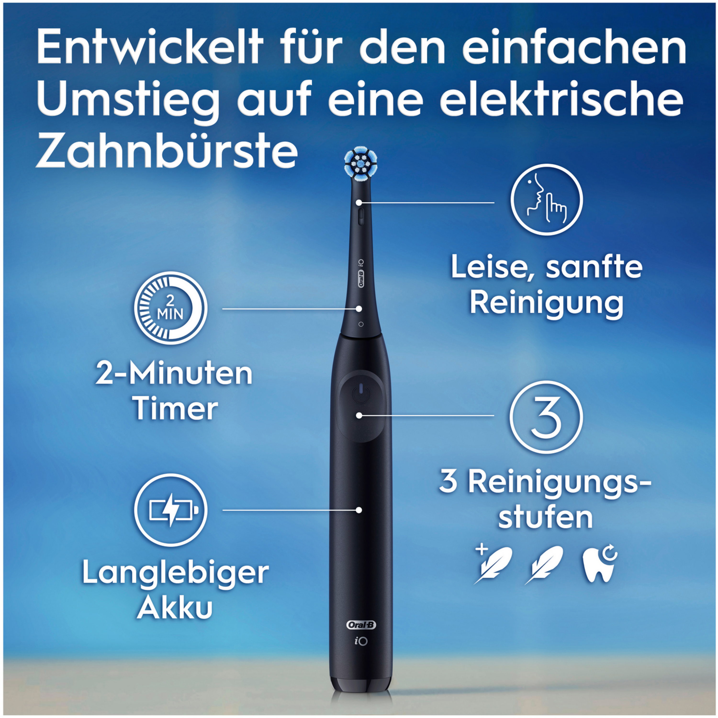 Schwarze elektrische Zahnbürste. Funktionen: 2-Minuten-Timer, 3 Reinigungsmodi, langlebiger Akku.