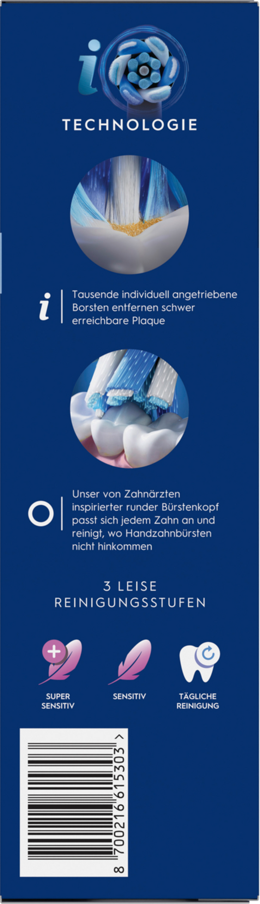 Nahaufnahme einer Zahnbürstenverpackung. Text und Bilder beschreiben die Eigenschaften der Zahnbürste.