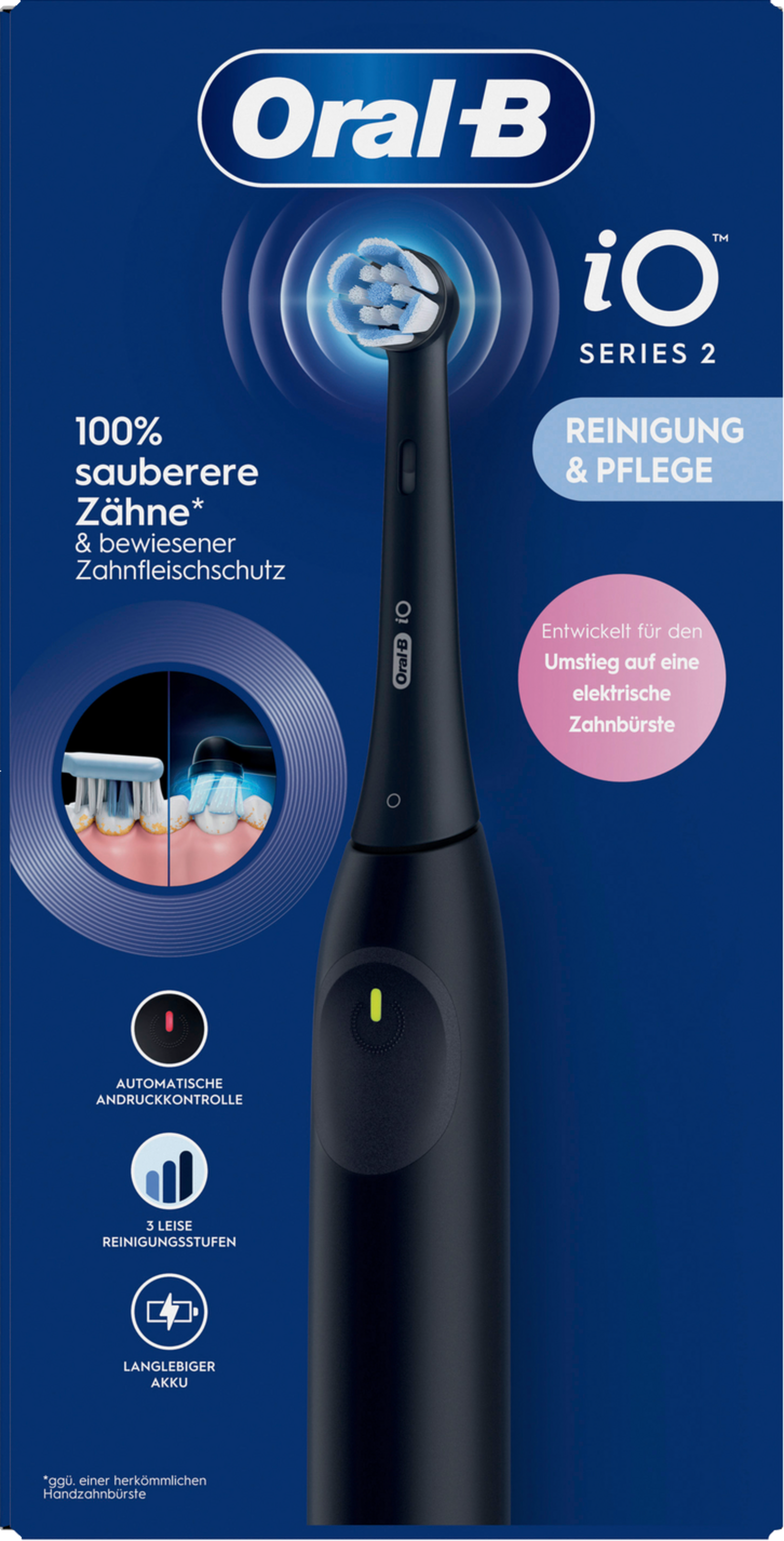 Schachtel einer elektrischen Zahnbürste mit Text.
