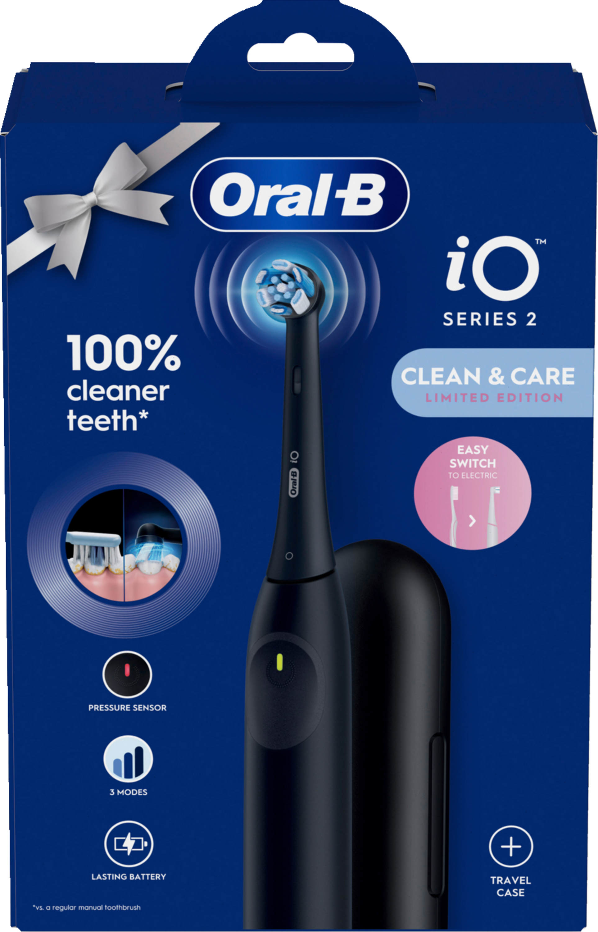 Eine Oral-B iO Series 2 Zahnbürste mit einer Box. Die Box und die Zahnbürste sind schwarz.