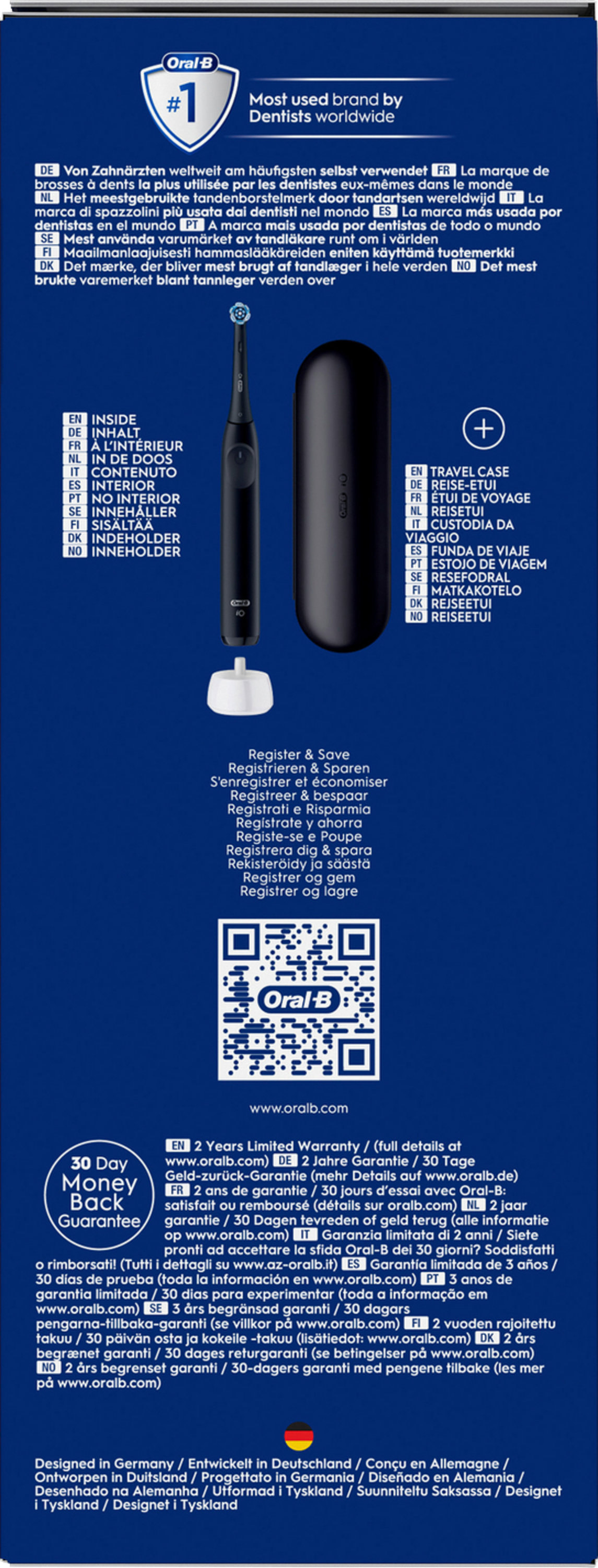 Oral-B elektrische Zahnbürstenbox mit einer schwarzen Zahnbürste und einem Reiseetui sichtbar.