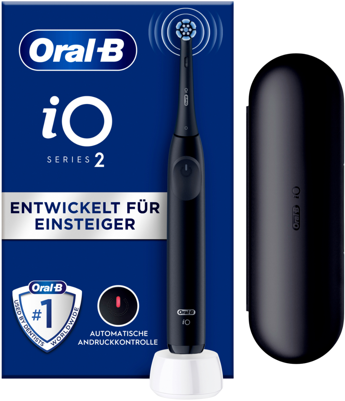 Schwarze Oral-B iO Series 2 Zahnbürste, Ladestation und Reiseetui. Blaue Box. Weißer Hintergrund.