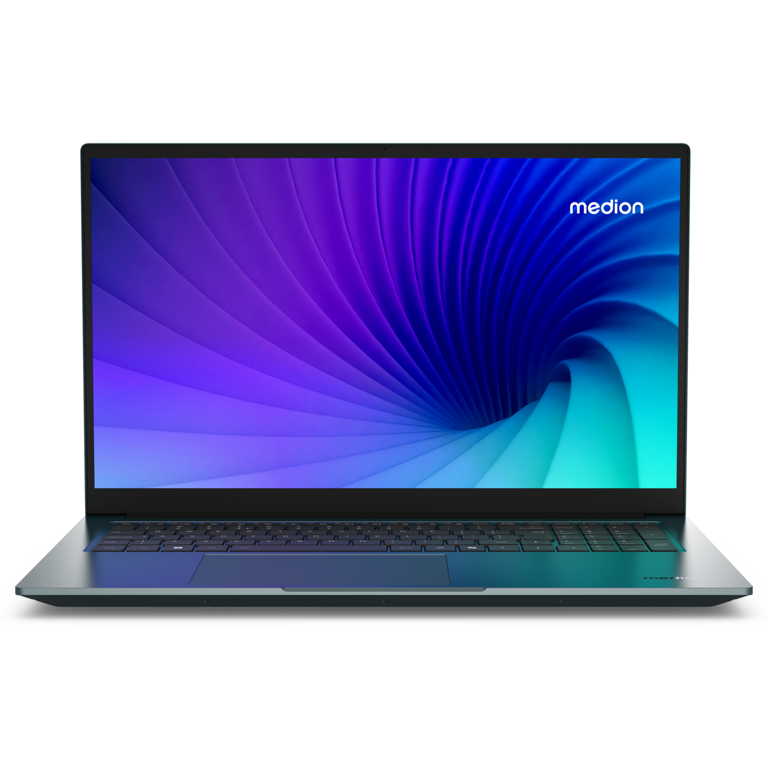 Un ordinateur portable avec un motif tourbillonnant bleu-violet sur son écran. Le logo Medion est affiché.