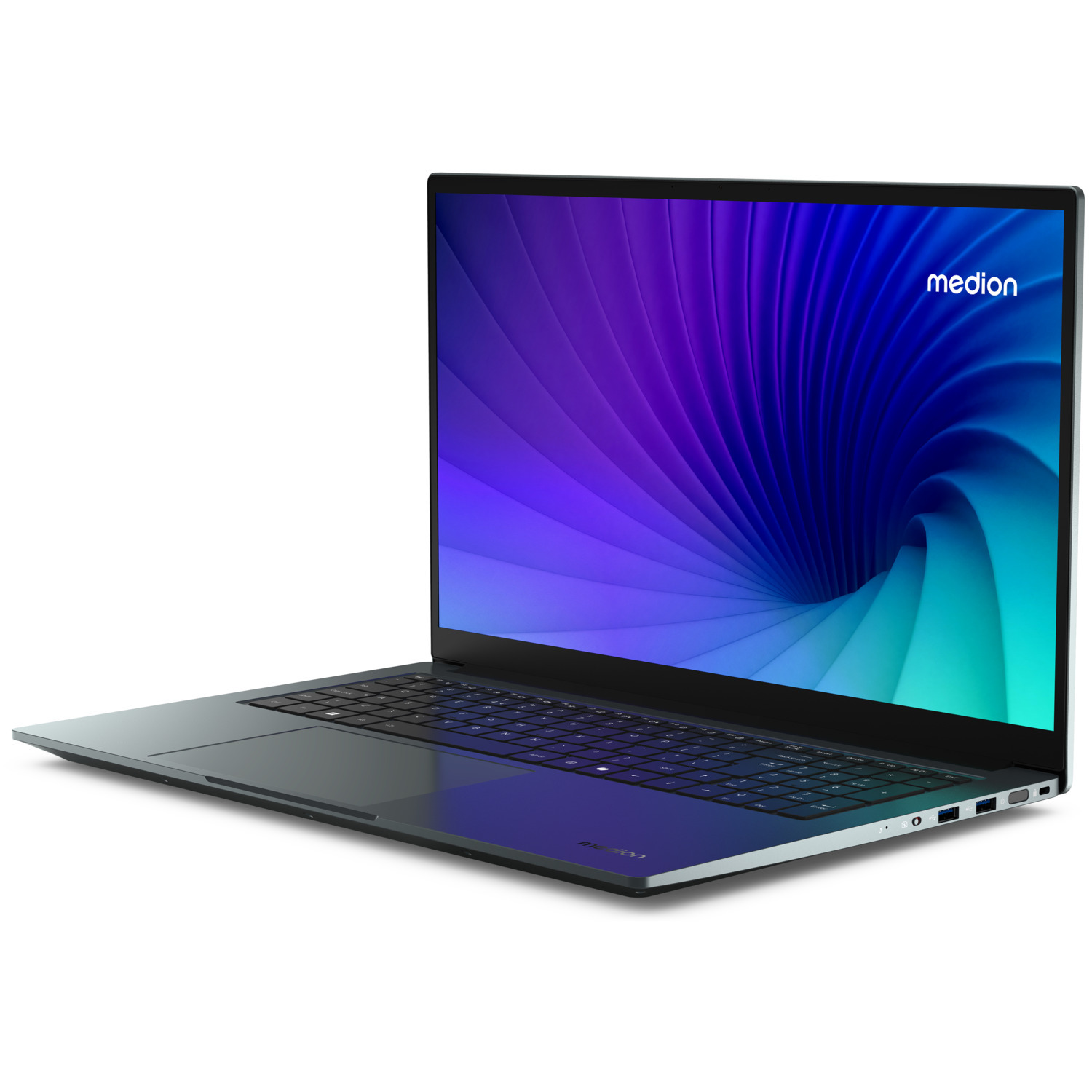 Un ordinateur portable ouvert avec un motif de tourbillon violet et bleu sur l'écran. L'ordinateur est gris.