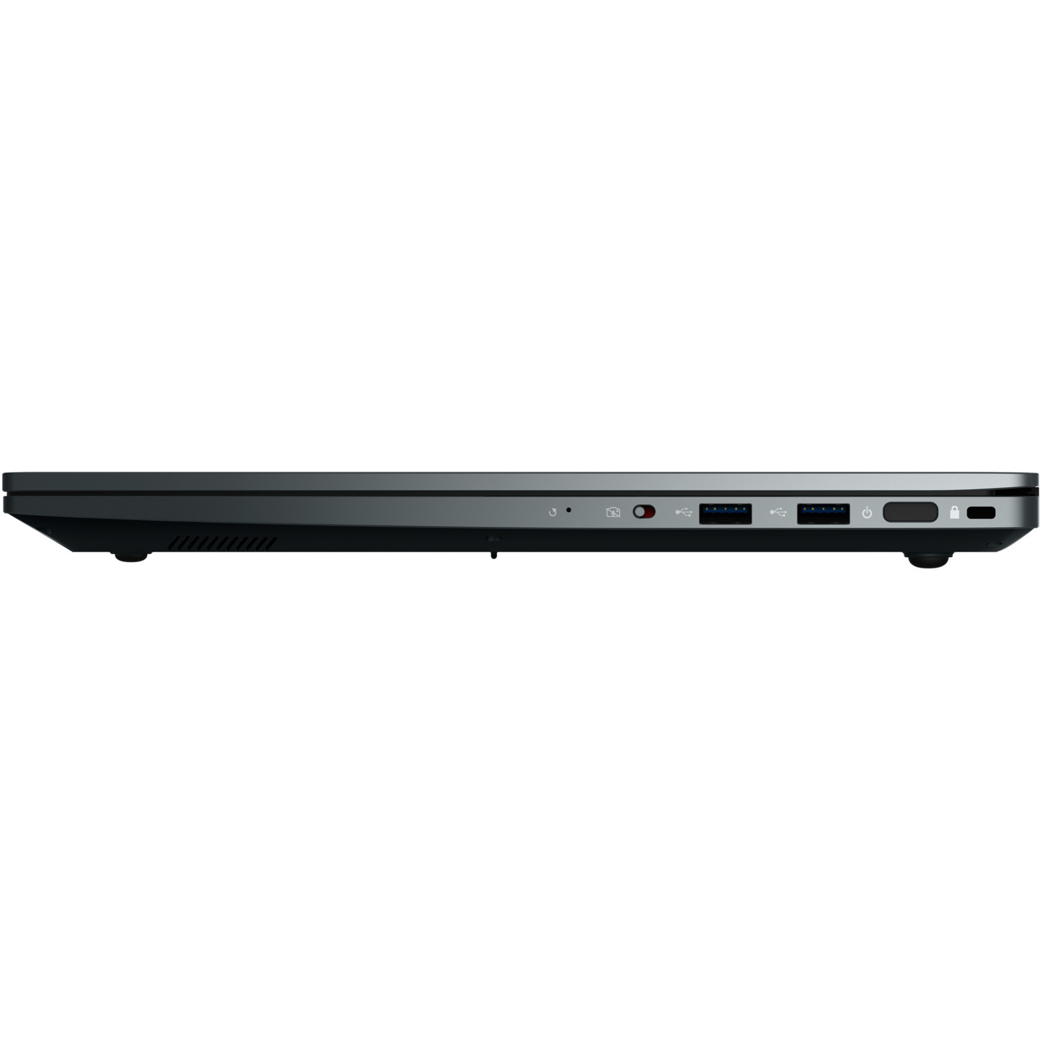 Vue latérale d'un ordinateur portable avec ports. Design élégant, couleur gris foncé et fond blanc.