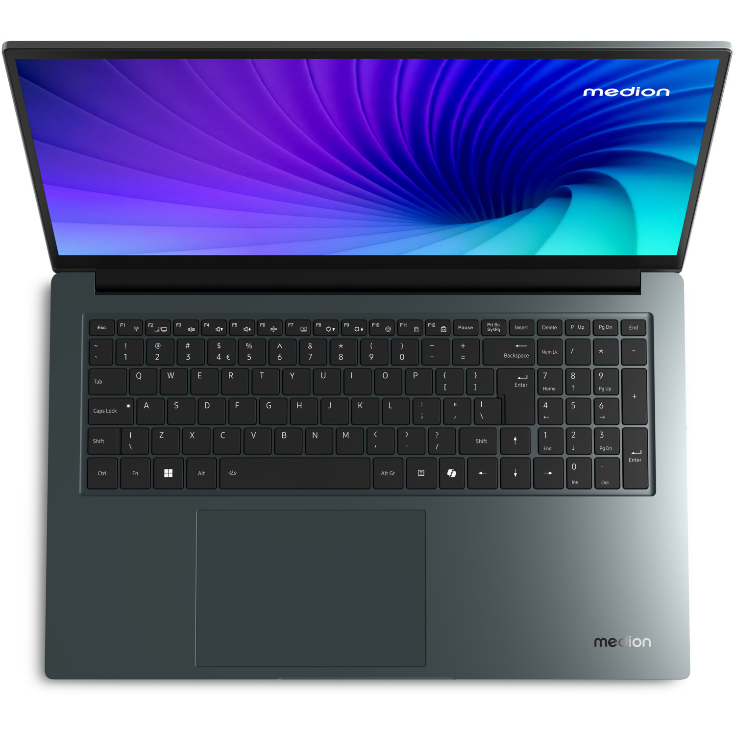 Un ordinateur portable ouvert, montrant un clavier et un écran avec un motif de tourbillon violet et bleu. Il est gris.