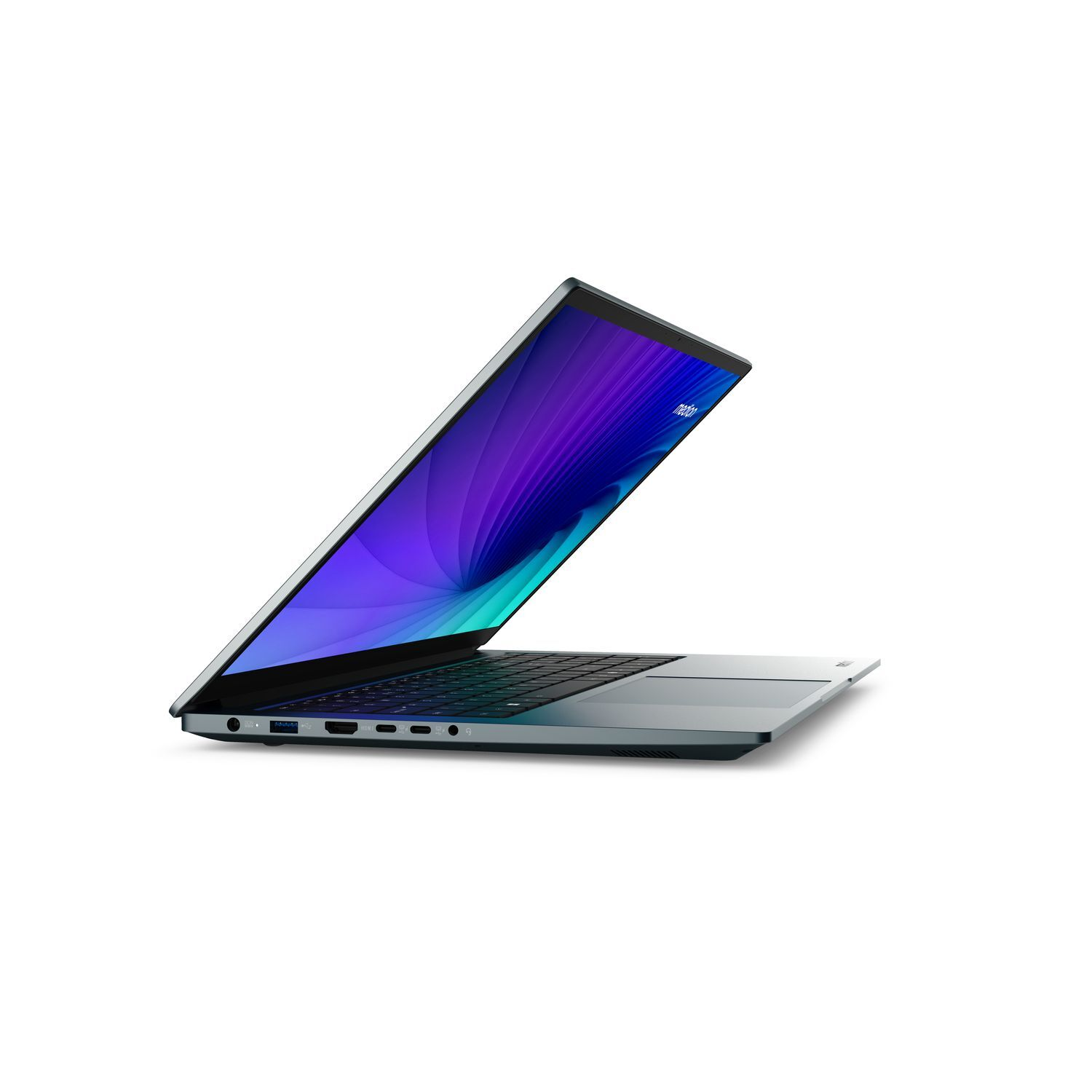 Un ordinateur portable avec le couvercle ouvert, montrant un écran avec un motif de tourbillon violet et bleu. Il est gris.
