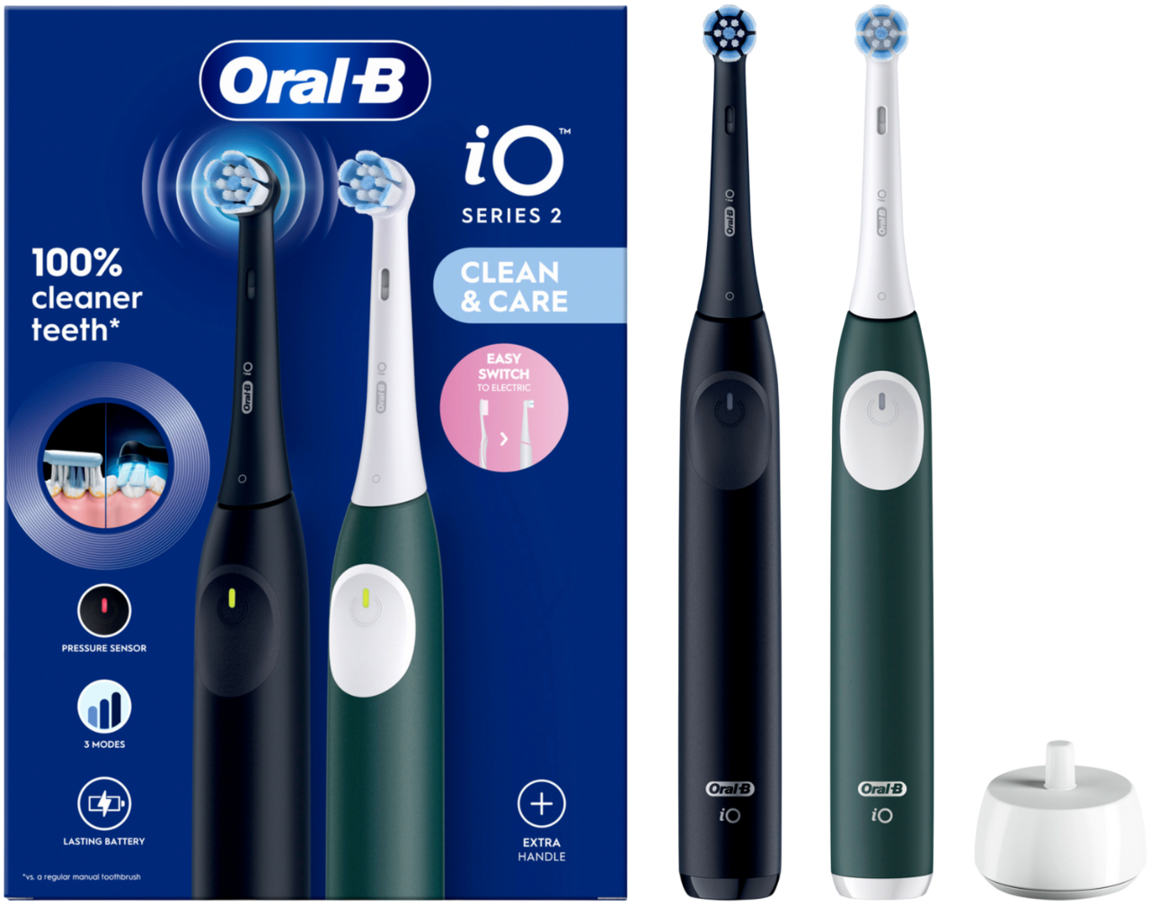 Elektrische Oral-B Zahnbürsten in einer Verpackung. Zahnbürsten sind schwarz und grün, mit Text.