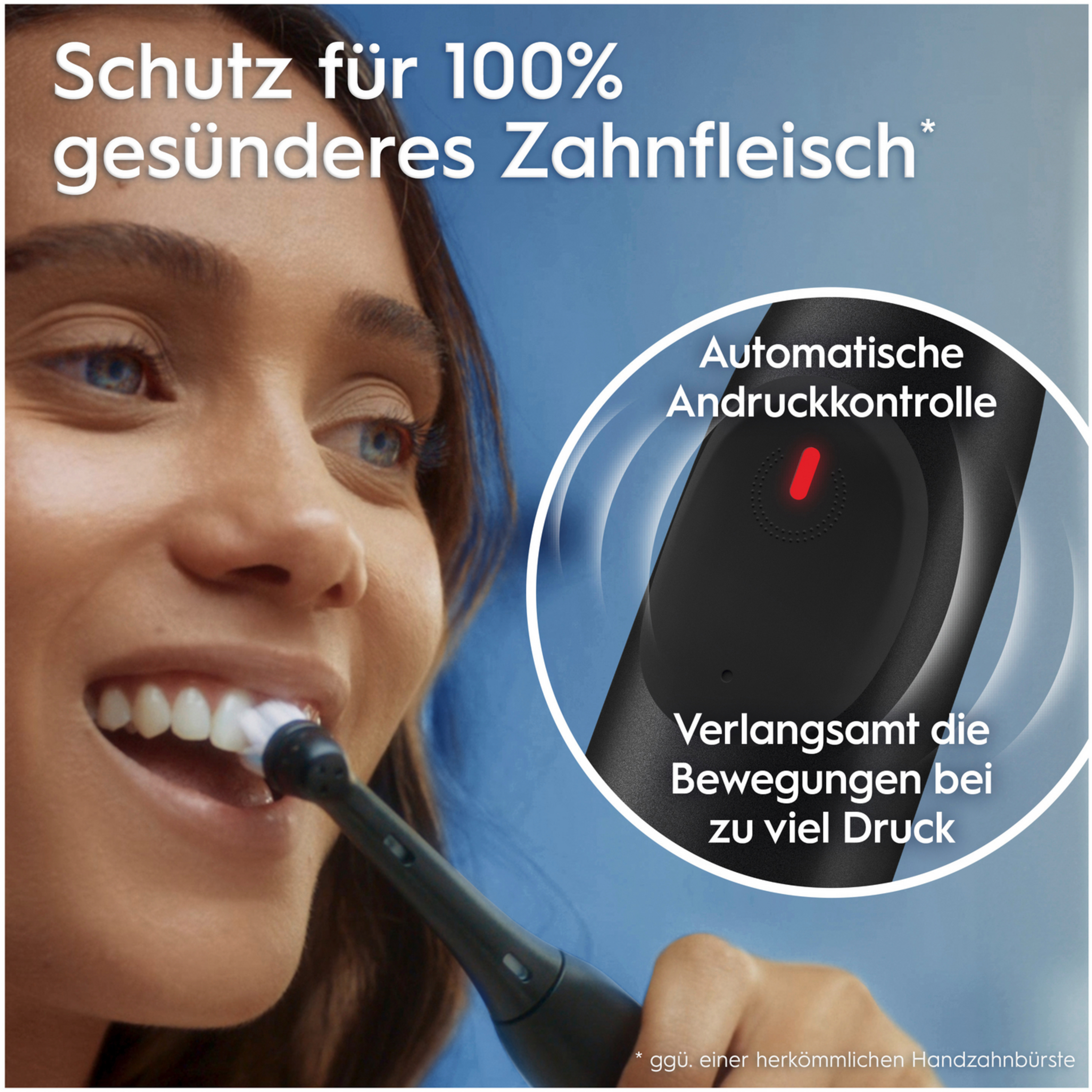 Frau putzt Zähne mit schwarzer Zahnbürste, rotes Licht, gesundes Zahnfleisch.