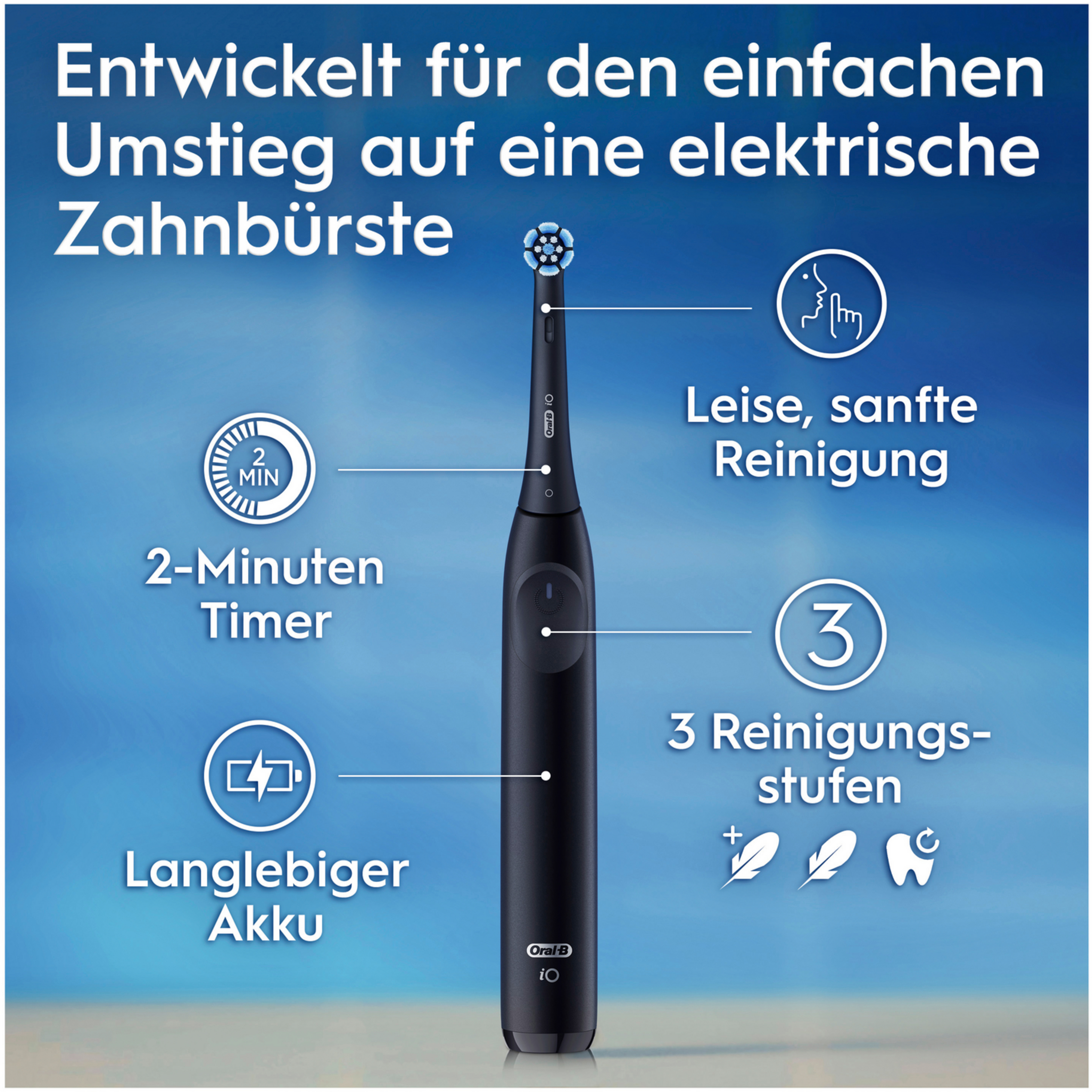 Eine elektrische Zahnbürste mit Text, der dafür wirbt. Hat einen Timer und 3 Reinigungsmodi.